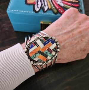 Vintage Navajo Multi Stone Unlay Cuff Bracelet
